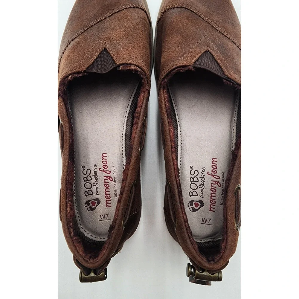 BOBS from Skechers Slip On Loafers Womens W7 Brown Faux Fur Lined 33731 EXC